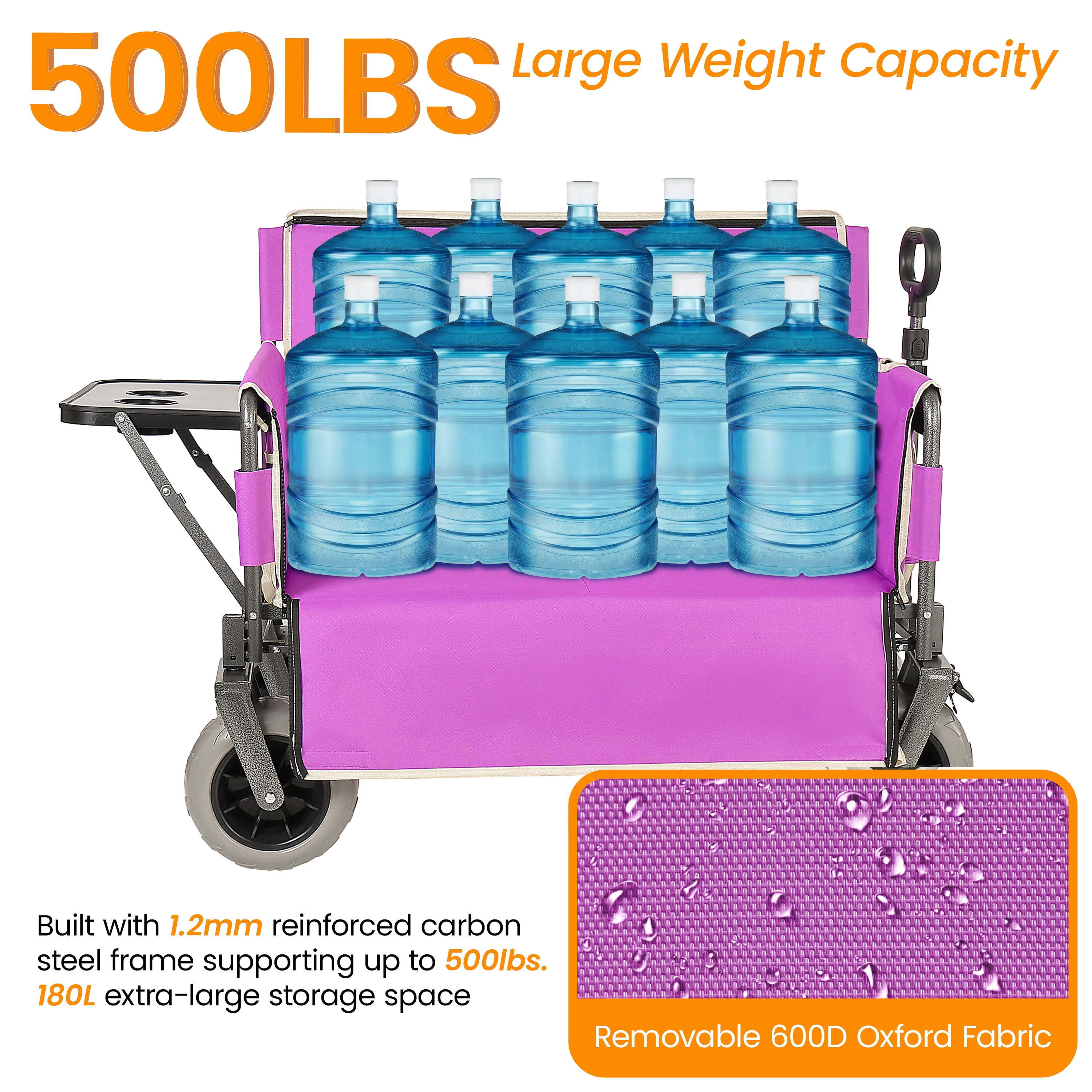 3-in-1 Collapsible Folding Wagon Cart, Convertible Bench with Rear Folding Tabletop & Cup Holders, 500lbs 180L Large Capacity, All-Terrain 360° Swivel Wheels for Camping, Beach, Garden, Fishing