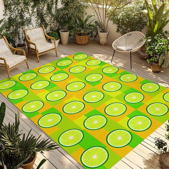 Fsddascl Green Lemon Plaid Outdoor Rug for Patio/Deck/Porch, Non-Slip Large Area Rug 4 x 6 Ft, Summer Farmhouse Checkered Buffalo Indoor Outdoor Rugs Washable Area Rugs, Camping Rug Carpet