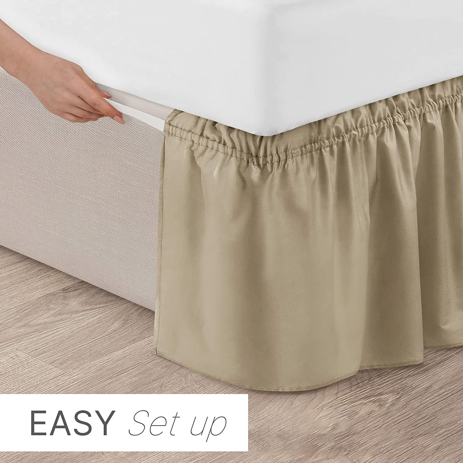 CGK Linens Wrap Around Dust Ruffle Bed Skirt - For Queen Size Bed With 15 Inch Drop, Easy Fit Elastic Strap - Pleated Bedskirt, Beige