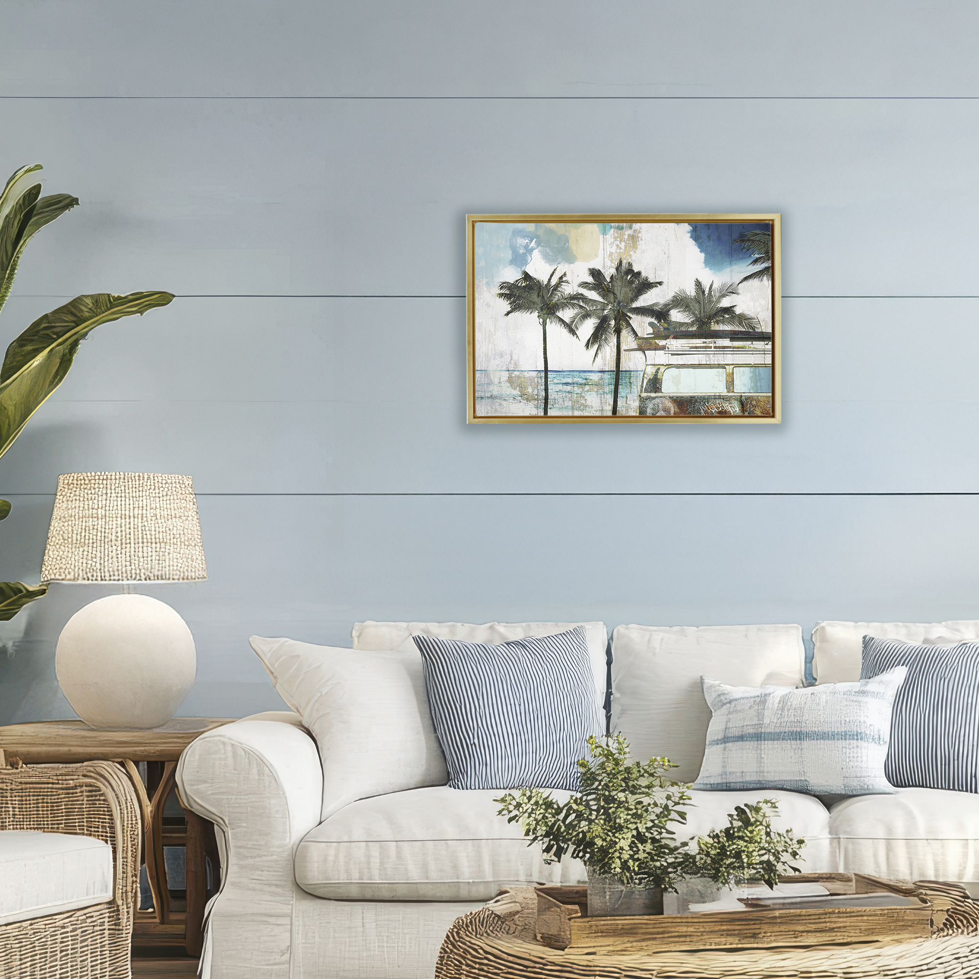 Beach Day Retro Vacation Gold Framed Floater Canvas Wall Art, design by Sasha