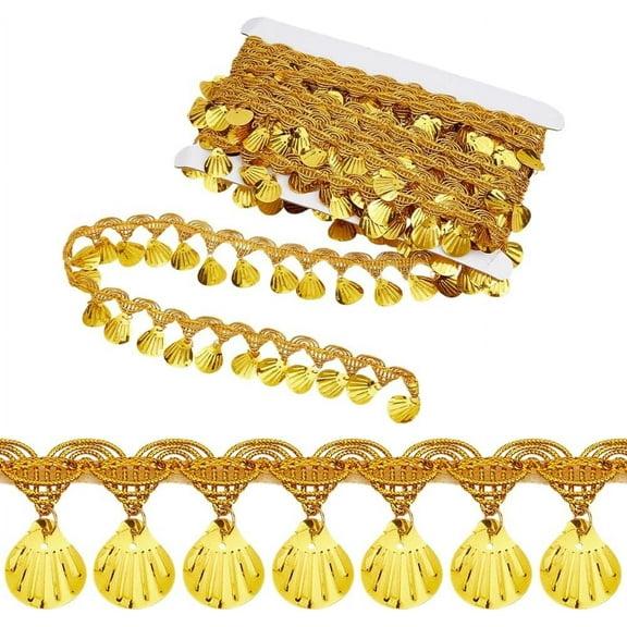 10 Yard Gold Shell Shape Sequin Tassel Trim 1.5 Inch Width Sequins Tassel Lace Ribbon Sequins Lace Tassel Fringe Trim Polyester Fringe Lace Trims for Clothes Decoration Party Accessories