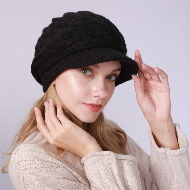 Gorro de invierno para mujer, gorro con visera para mujer, gorro de boina para mujer, boina cálida, gorro de punto, gorro forrado interior de lana para invierno, gorro negro para mujer ACTIVE Biensenido a ACTIVE
