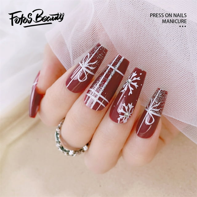 Christmas Decoration Fofosbeauty False Nails, Coffin Press on Nails Tips Design, Checkered Snowflake Wine Red