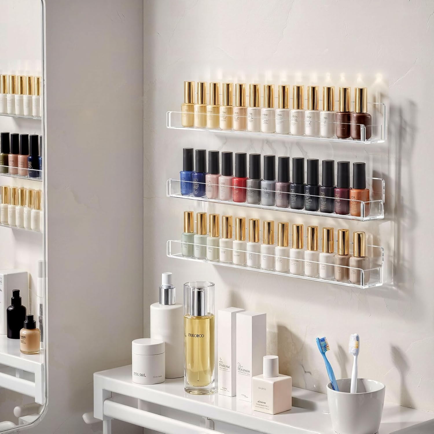 NIUBEE Nail Polish Rack, Clear Acrylic Nail Polish Wall Organizer Holder Display 96 Bottles, Removable Anti-slip End Inserts,Floating Nail Shelf for Paints and Essential Oils