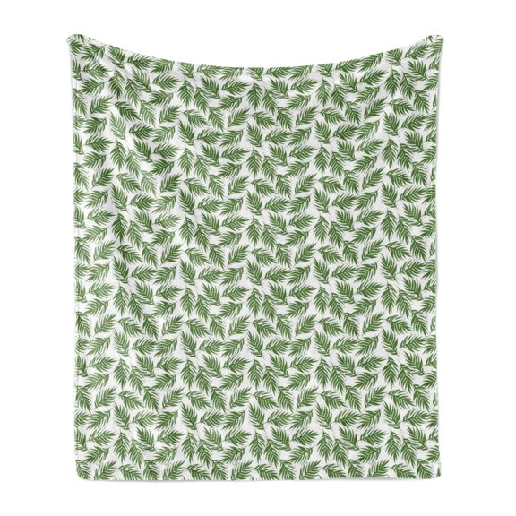 Aloha Soft Flannel Fleece Blanket, Repetitive Print of Island Leaves Flora Garden Items with Handmade Spots, Cozy Plush for Indoor and Outdoor Use, 50" x 60", Olive Green and White, by Ambesonne