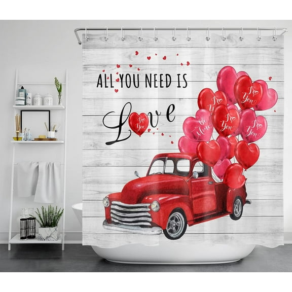 Valentine''s Day Red Truck Shower Curtain for Bathroom, Country Vintage Old Truck with Romantic Red Pink Love Hearts Shaped Balloons Fabric Bathroom Decor Set with Shower Curtain Hooks, 72x72 Inch