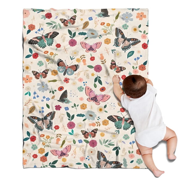 Beige Butterfly Flower Pattern Blanket,Comfortable Soft Flannel Throw Blanket,All Season,Warm Lightweight Blankets for Sofa Bed Couch Living Room Chair,30"x40"