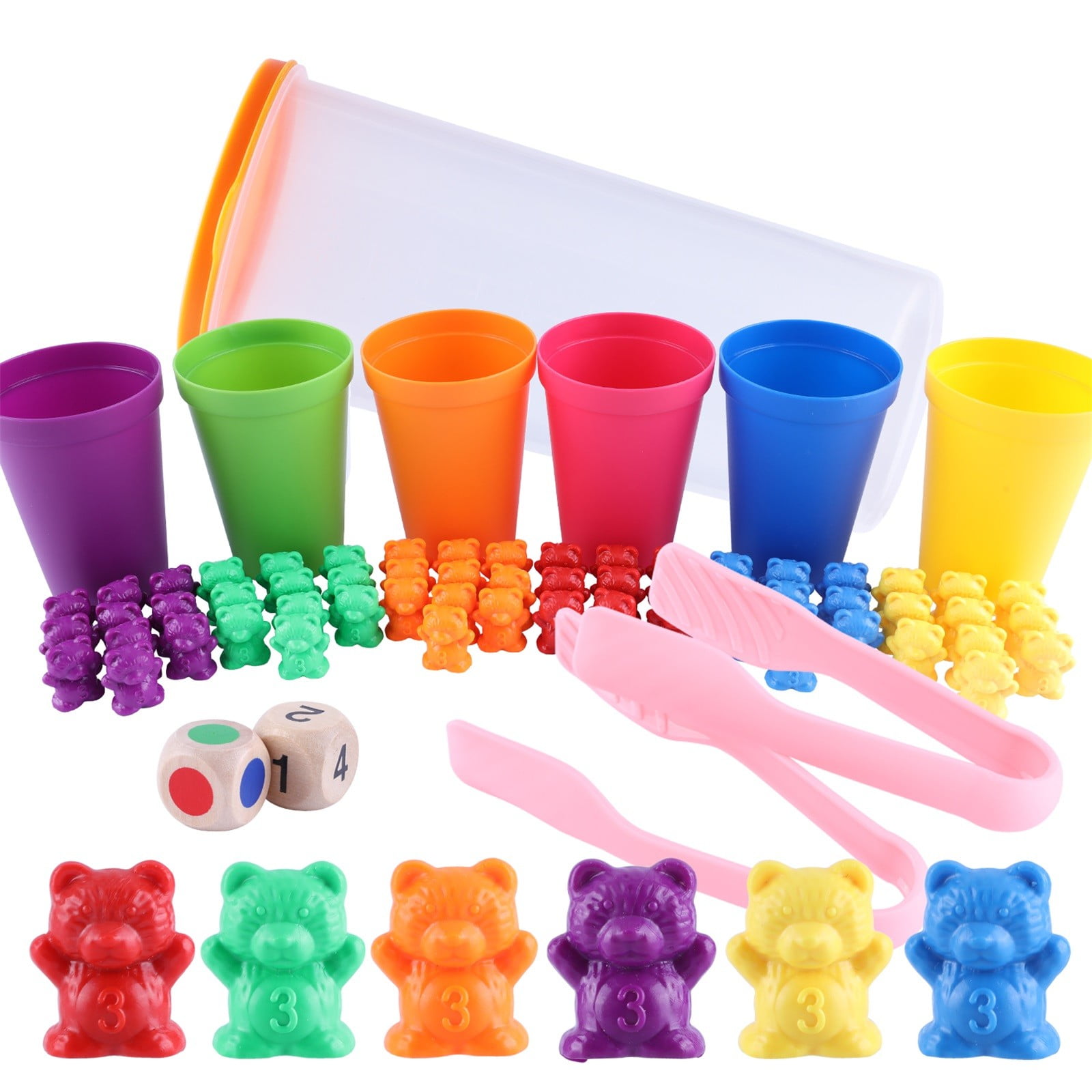 72pcs Rainbow Counting Bears  Set with Matching Sorting Cups Dices and Tweezers 