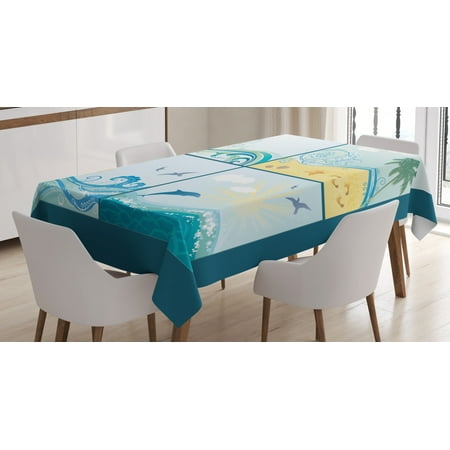 

Beach Tablecloth Maritime Themed Frames with Waves Sun Trees Dolphins Birds Exotic Sea Pattern Rectangular Table Cover for Dining Room Kitchen 60 X 90 Inches Blue Beige Green by Ambesonne