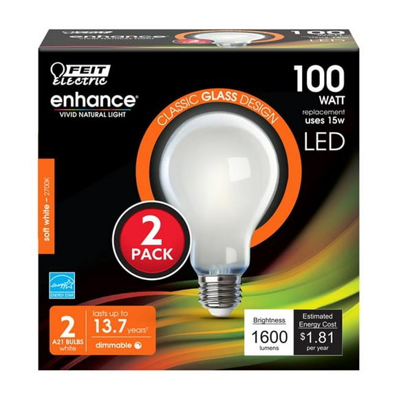 Feit Electric 3929718 100 watt Equivalence 16 watt 1600 Lumen A-Line A21 Filament LED Bulb&#44; Soft White - Pack of 2