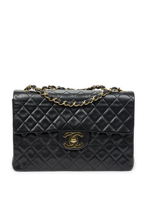Pre-Owned Chanel Black Maxi Jumbo XL Flap Shoulder Bag Quilted Lambskin Leather