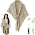 thumbnail image 6 of Knitted Triangle Shawl with Leather Buckle & 4Pcs Pearl Clips, Fall Winter Knitted Shawl Warm Scarf Cozy Ponchos, 6 of 8