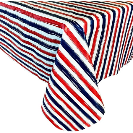 

Newbridge Brushstroke Stripe Red White and Blue Patriotic Vinyl Tablecloth With Flannel Backing American Stripe Print Indoor Outdoor Vinyl Tablecloth 52 Inch x 52 Inch Square
