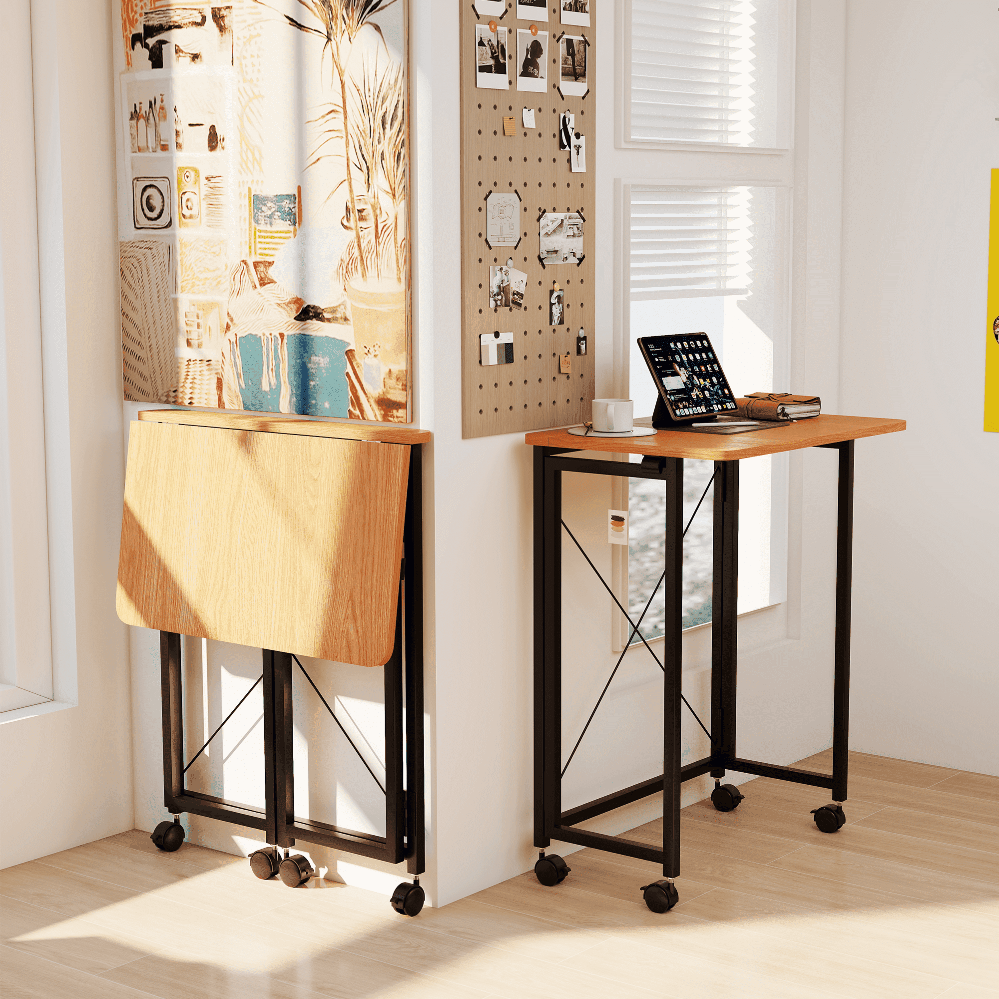 VGBYUJ Folding Desk with Wheels, 23.6" Small Mobile Writing Computer Table, No Assembly, Space Saving Study Desk for Dorm Office Bedroom, Teak Color