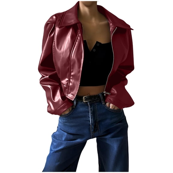 uublik Faux Leather Jackets Womens Zip Up Casual Cropped Jackets Lightweight Trendy Outerwear Coat, Wine