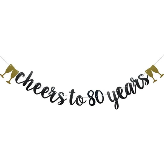 Cheers to 80 Years Banner, Pre-Strung,Black Glitter Paper Garlands Banner for 80th Wedding Anniversary 80 Years Old 80th Birthday Party Decorations Supplies, Letters Black,