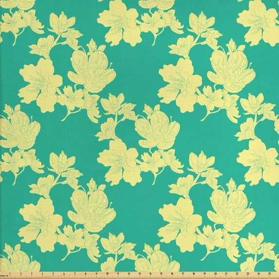 Floral Upholstery Fabric by the Yard, Botanical Fantasy Pattern of Summer Tone Flowers in Full Blossom, Decorative Fabric for DIY and Home Accents, Sea Green Pale Yellow by Ambesonne