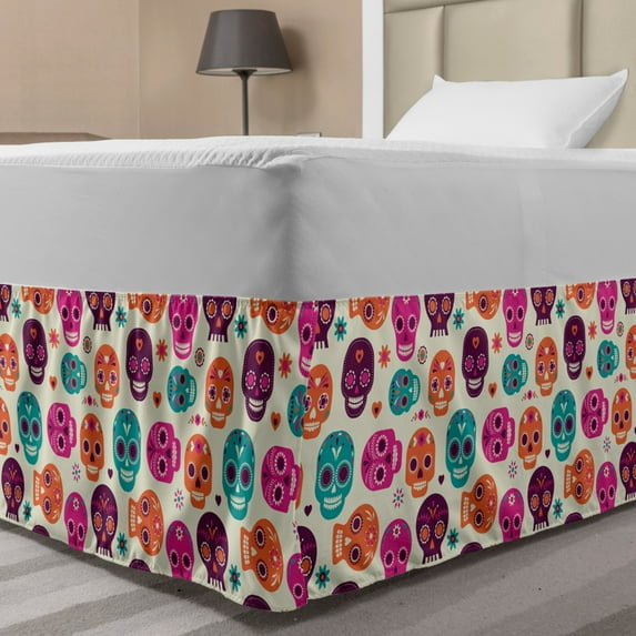 Sugar Skull Bed Skirt, Colorful Skull Silhouettes Hearts and Flowers Carnival Celebration Theme, Elastic Bedskirt Dust Ruffle Wrap Around for Bedding Decor, 4 Sizes, Multicolor, by Ambesonne
