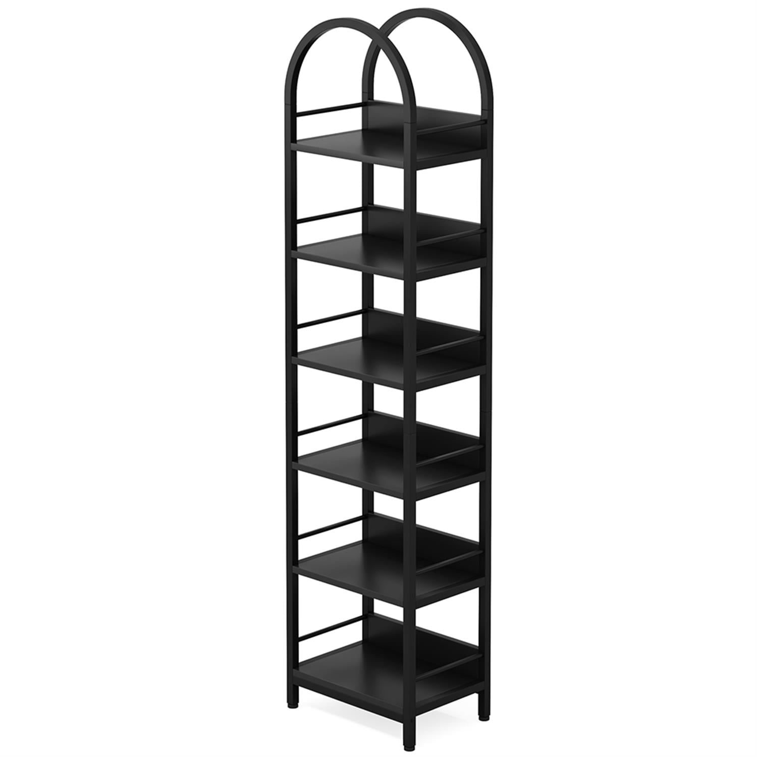 Demi Bonn 6 Tier Narrow Bookshelf, Wood and Metal Bookcase Storage Organizer, Arched Display Standing Shelf Unit for Bedroom, Living Room, Black