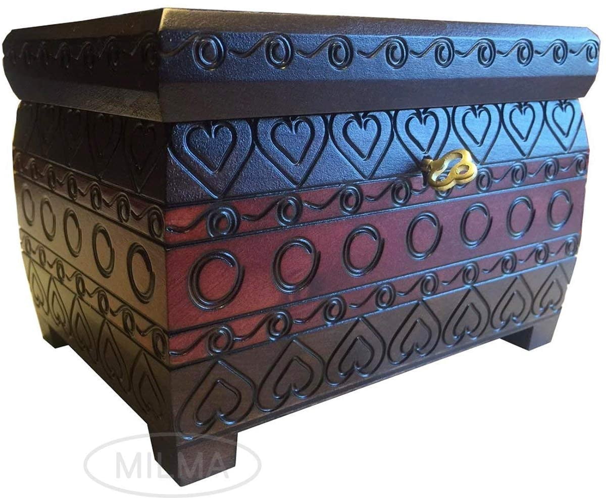 HEARTS Burned Chest Box w/ Lock & Key Handmade Linden Wood Jewelry Heart Keepsake Box from Poland