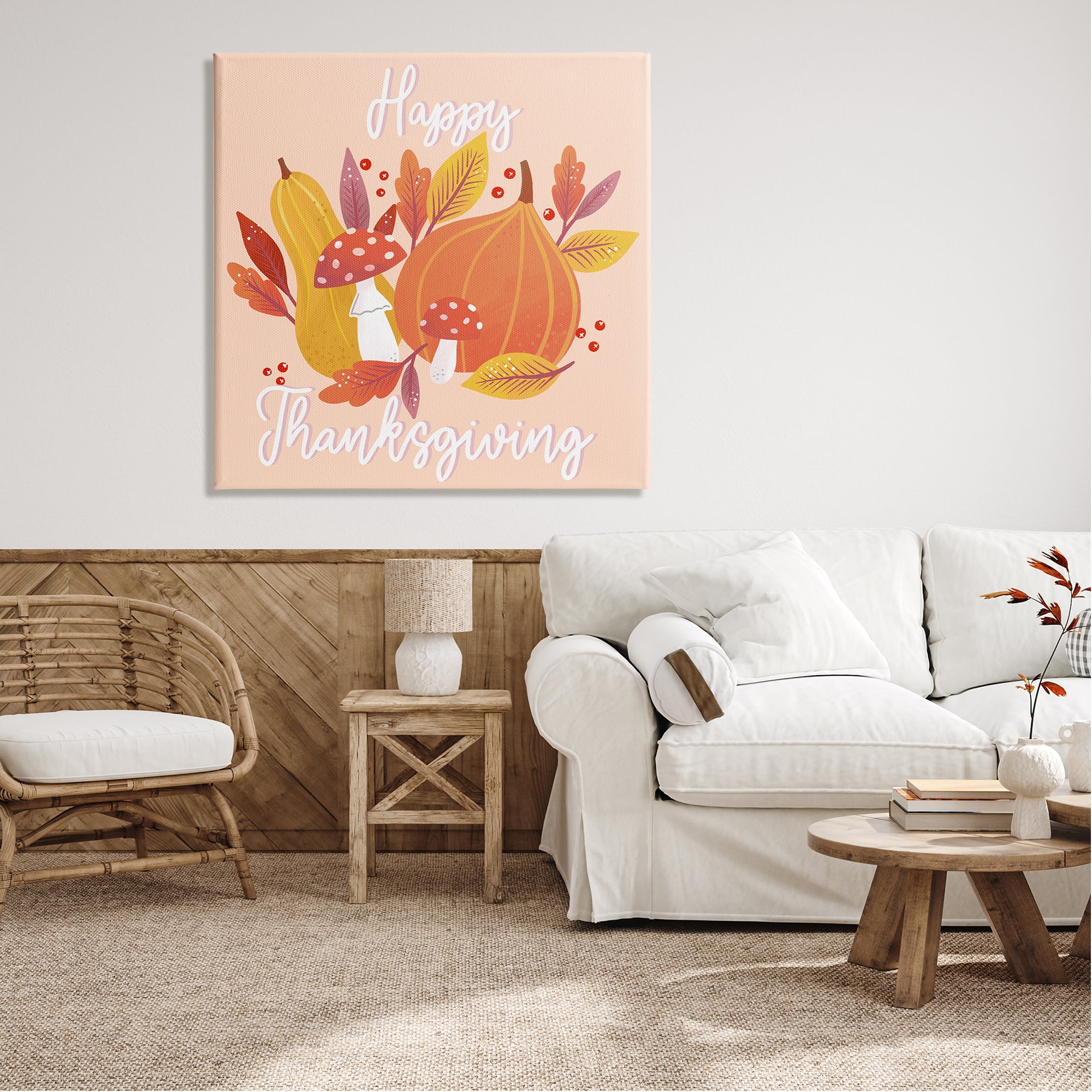 Stupell Industries Happy Thanksgiving Whimsical Autumnal Mushroom Botanicals Graphic Art Gallery Wrapped Canvas Print Wall Art, Design by Dominika Godette