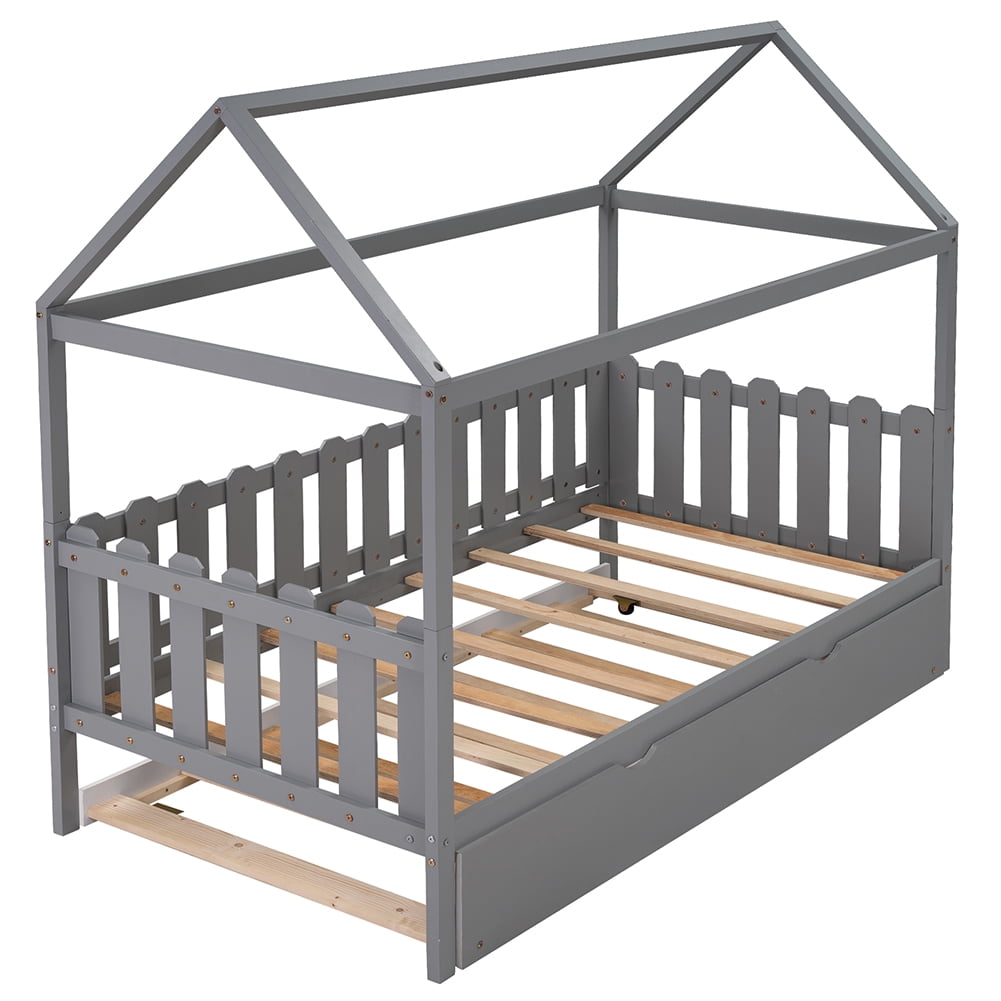 Lowestbest Twin Size House Bed with Trundle and Guardrail for Kids in Gray Lowestbest Twin Size House Bed with Trundle and Guardrail for Kids in Gray