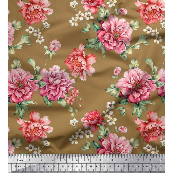 Soimoi Georgette Viscose Fabric Leaves & Peony Floral Print Fabric by The Yard 42 Inch Wide