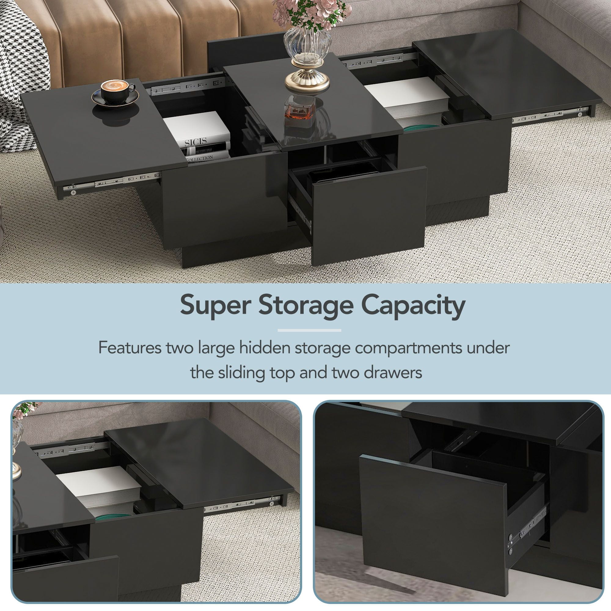 DEALTOPS Modern Coffee Table with Sliding Top and 2 Hidden Storage Compartments, High-gloss End Table with 2 Drawers for Living Room -Black