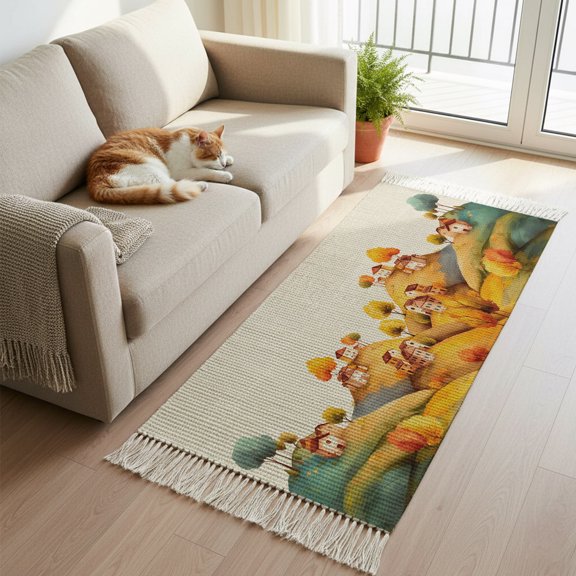 Vintage Autumn Country House Boho Hallway Runner Rug 2x6ft, Kitchen Runner Rug Tassel Rugs, Cartoon Farm Plant on Linen Area Rugs Floor Carpet for Living Room Bedroom Entryway