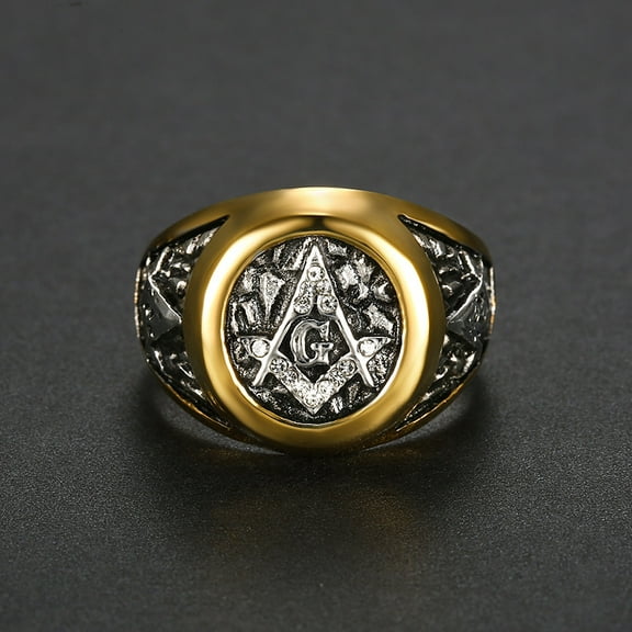 Mens Freemason Masonic White AG CZ Ring for Men 14K Yellow Gold Size 5-16