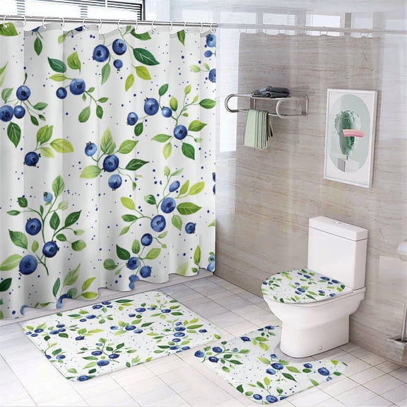 4 Pcs Shower Curtain Sets Shower Curtain Set with Non-Slip Rugs Toilet Lid Cover And Bath Mat Country Blueberries Durable And Waterproof Watercolor Botanical Blueberry for Bathroom Decor