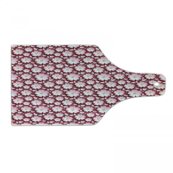 East Cutting Board, Abstract Romantic Floral Arrangement 3D Style Japanese Cherry Tree Flowers, Tempered Glass Cutting and Serving Board, Wine Bottle Shape, Pink Yellow Maroon, by Ambesonne