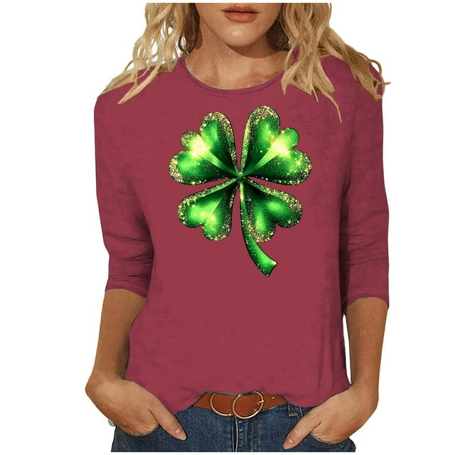 RXMEKW Chandail Imprimé de la Saint-Patrick pour Femmes Manches 3/4 Col Rond Haut Décontracté