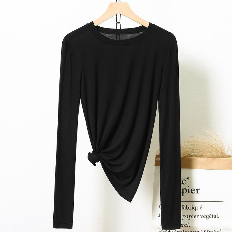 Nabtos Women Modal Long sleeve T-Shirt Layering Tee Scoop Neck Basic Top Black