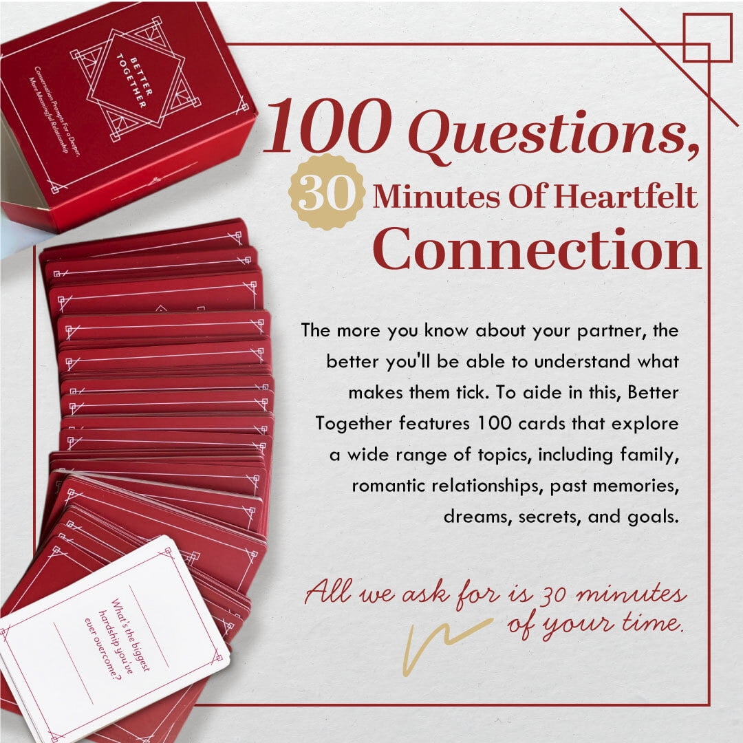BETTER TOGETHER Couples Conversation Cards Game – 100 Romantic & Deep Questions for Date Night – Relationship Building Card Game for Him & Her – Anniversary, Bridal Shower, Valentine’s Gift