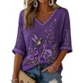 thumbnail image 2 of Womens Purple Floral & Hummingbird Print Alzheimer'S Awareness Support Tops Alzheimer Purple Ribbon 3/4 Length Sleeve V Neck T Shirts For Women, 2 of 4