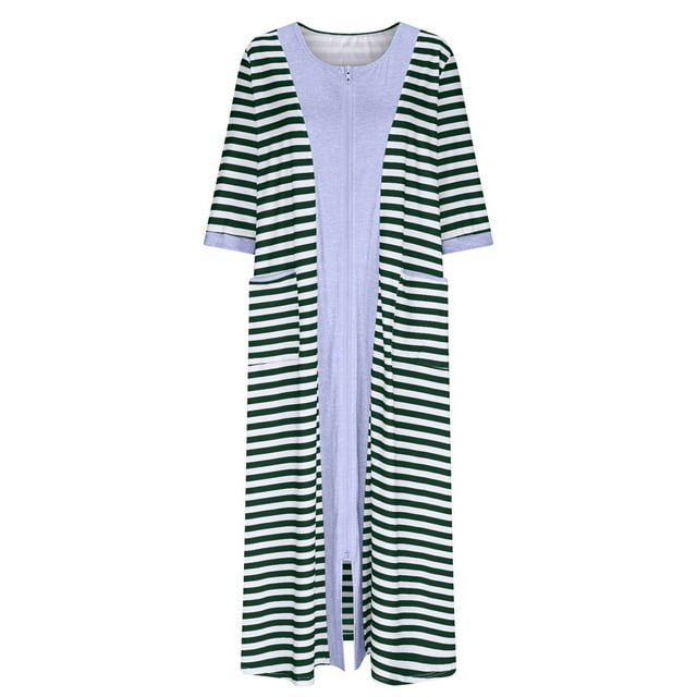 HUJlwoi Chemise de Nuit Imprimée pour Femmes Rayée Longue Robe de Bain Zippée Robe Décontractée Chemise de Nuit Manches 3/4 avec Poches