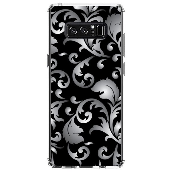 DistinctInk Clear Shockproof Hybrid Case for Samsung Galaxy Note 8 - TPU Bumper, Acrylic Back, Tempered Glass Screen Protector - Silver Grey Black White Floral - Floral Damask Pattern