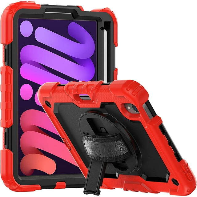 navor Rugged Cover Compatible with iPad Mini 6 (2021), Rotatable Kickstand Shoulder & Hand Strap Shockproof Heavy Duty Protective Case