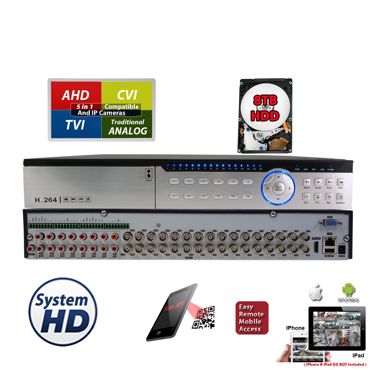 32Ch DVR with 8TB Hard Drive H.264 HighDefinition Hybrid TVI AHD CVI