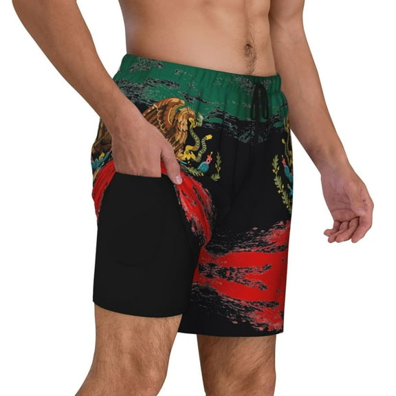 Men's Mexican Flag Swim Trunks with Compression Liner Bathing Suit Swimwear