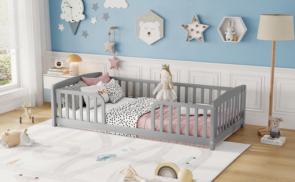 Mintazer Twin Size Toddler Floor Bed with Guardrails & Central Entrance, Grey