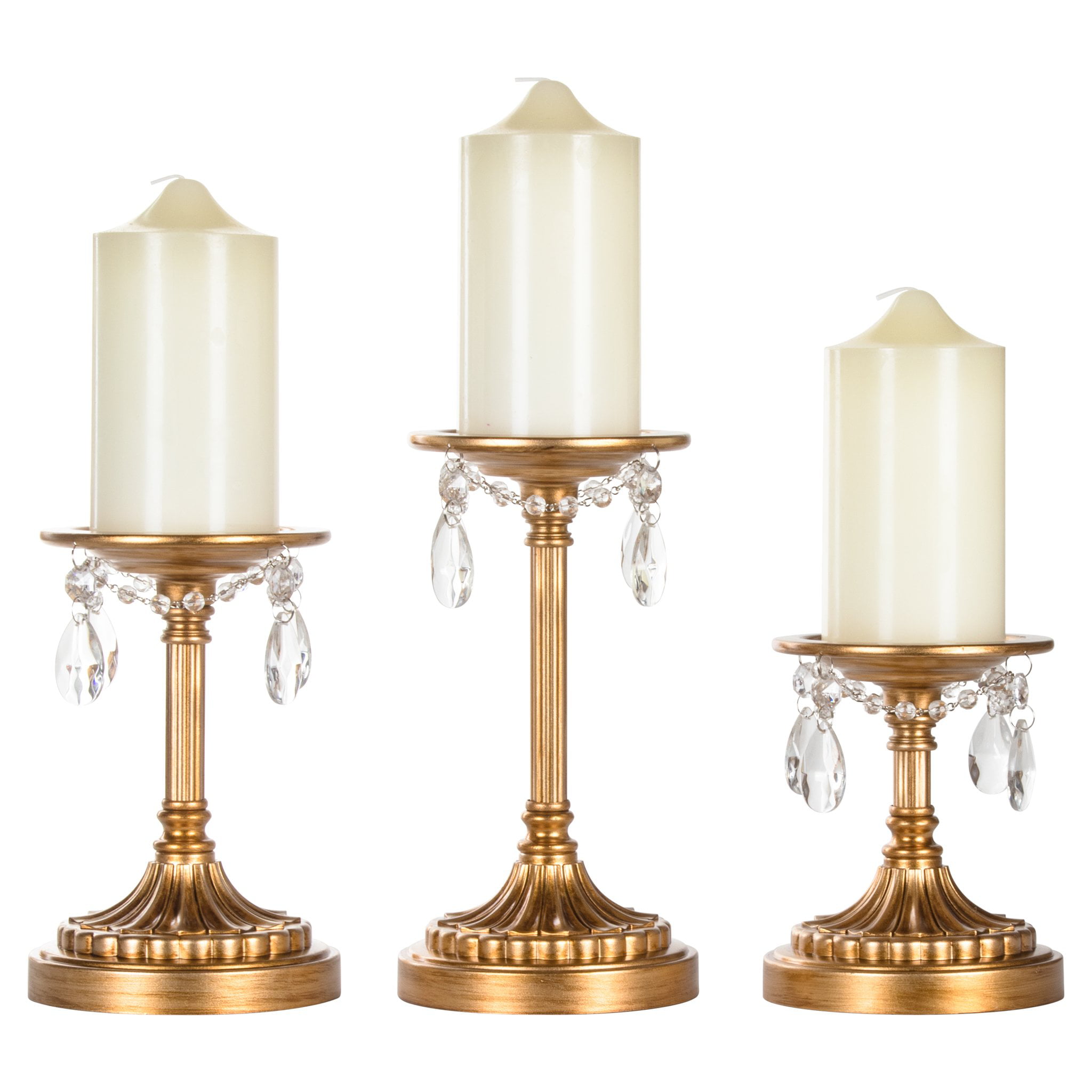 Weighted Base Set of 3 Vintage Gold Pillar Candle Holders Glass Crystal Beads 