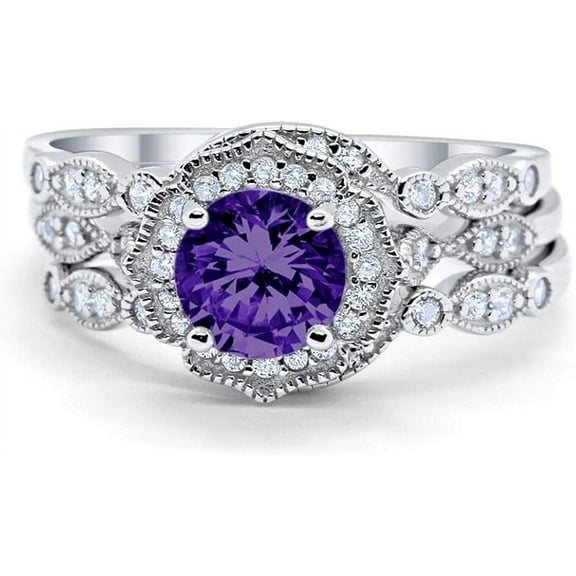 NYS Jewellers 925 Sterling Silver 2.45 Ct Round Cut Purple Amethyst Wedding Engagement Thanksgiving Christmas Bridal Ring Set 14K White Gold Plated For Women's -9