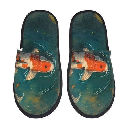 

Adobk Koi Pond Lilies Print Slippers Indoor Outdoor Retro Slippers House Soft Fluffy Slides Cushion Furry Slippers-Large