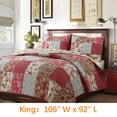 thumbnail image 2 of 3 Piece King Red Floral Country Real Patchwork Cotton Lightweight and Comfortable Reversible Coverlet Bedspread Quilt Bedding Set for Bedroom, Guest Room, Home, Hotel, Apartment, Cottage, Easy Care, 2 of 5
