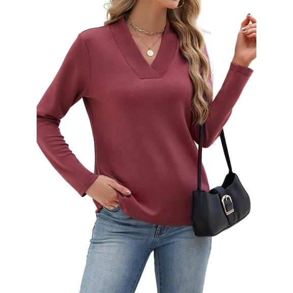 Zeagoo V Neck Blouse for Women Casual Dressy Basic Tops Soft Solid Long Sleeves Shirts Trendy Fall Tops