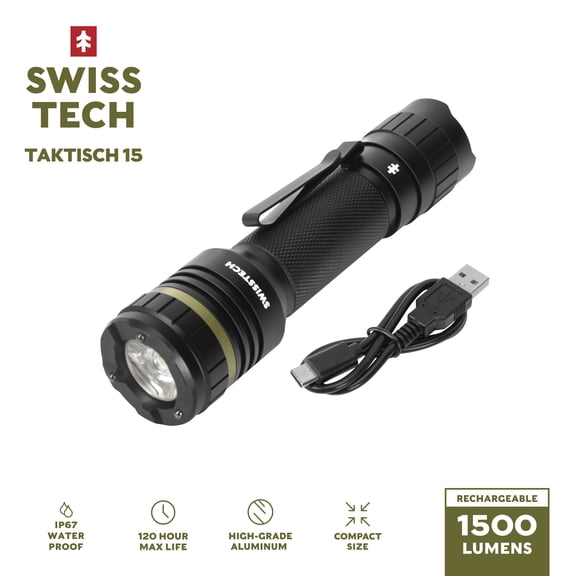 Swiss Tech 1500 Lumens Rechargeable Tactical LED Flashlight, Aluminum, Waterproof
