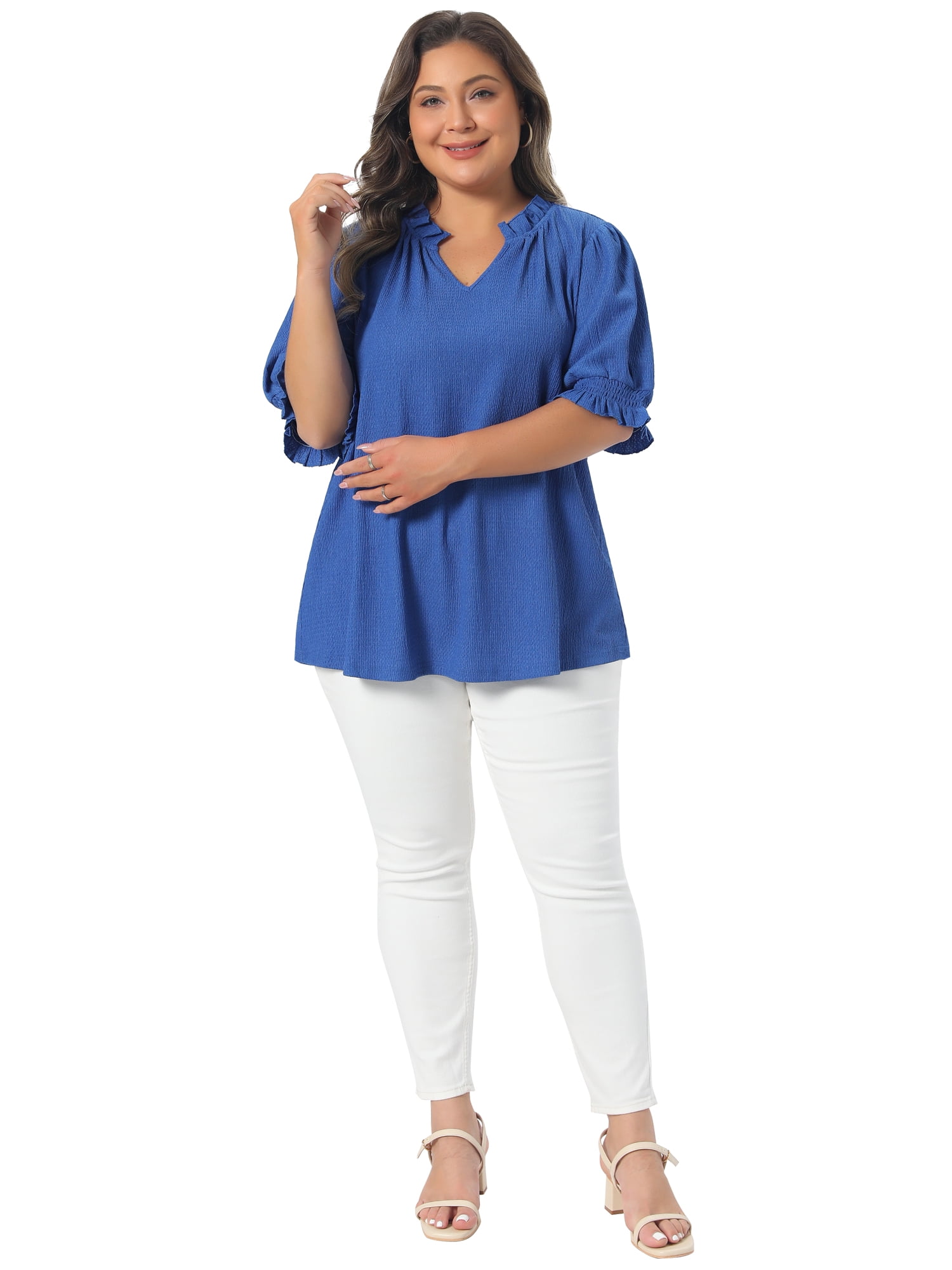 DARING DIVA Women's Plus Ruffled Trim V Neck Puff Sleeve Top 4X Royal Blue