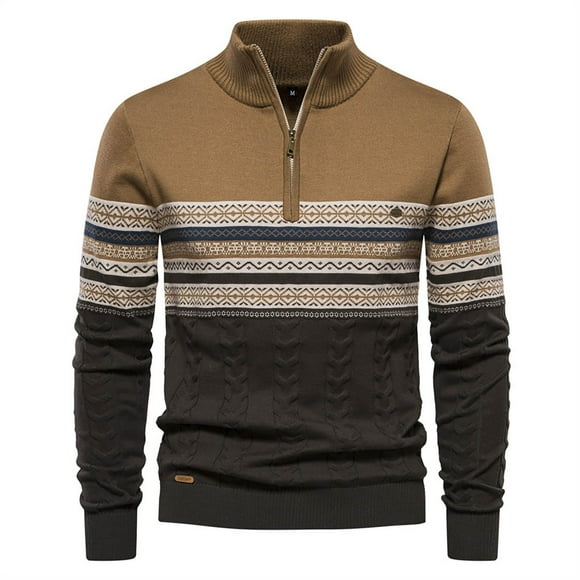 LUOGENLI Mens Sweater Jacket with Hood Mens Fashion Color Matching Large Cardigan Sweater Half Zipper Knit Shirt Mens Sweaters Casual Cashmere Khaki Size M